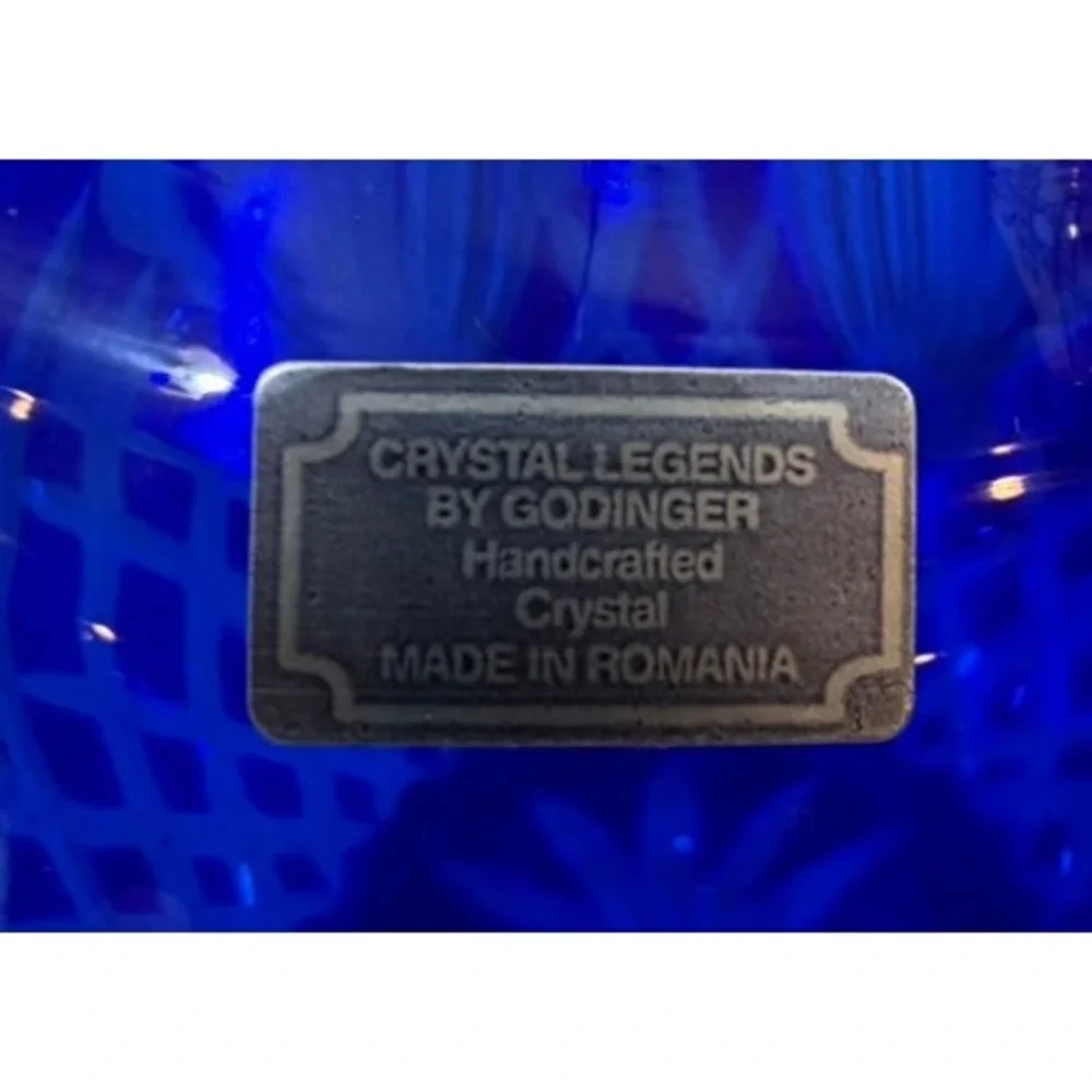 Godinger Crystal Legends Cobalt Blue Cut Crystal Rose Bowl Vase Made in Romania